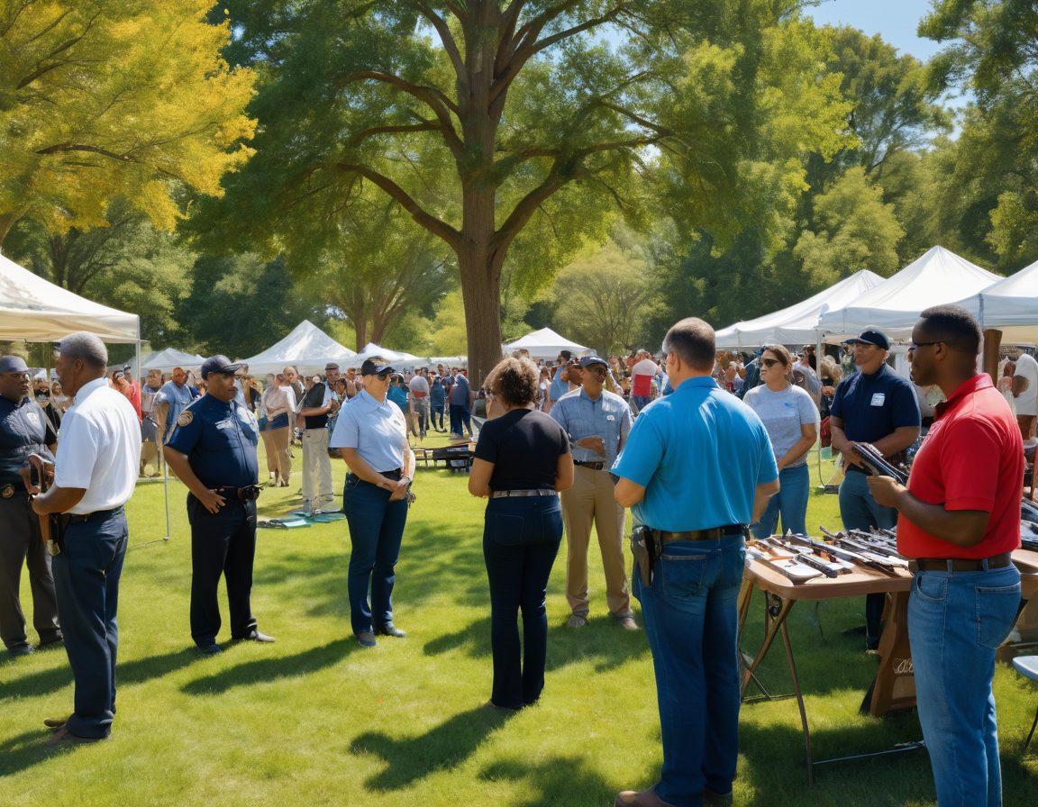 A diverse group of individuals gathered at a community event, engaged in thoughtful discussion about gun safety and responsible ownership. Include visual elements like training sessions with instructors, educational posters about advocacy and legislation, and a display of various firearms in a safe manner. The background should feature a sunny park setting with trees and a blue sky to evoke a sense of community. super-realistic. vibrant colors. outdoor setting.