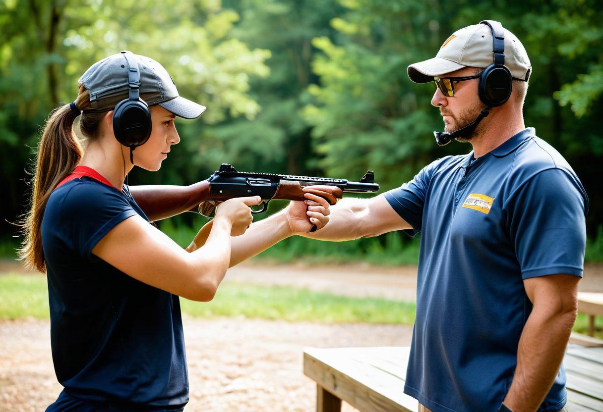 A focused individual at a shooting range, practicing firearm safety with a qualified instructor, showcasing clear communication and proper stance. Surrounding them is a serene backdrop of nature, highlighting responsibility in firearm ownership. Include safety gear and educational materials visibly placed nearby. super-realistic. vibrant colors. outdoor setting.