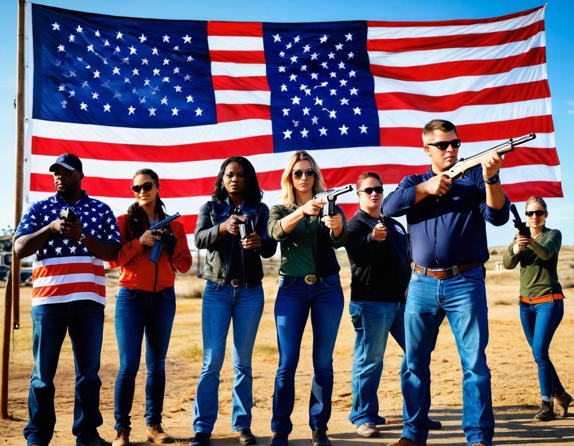 A striking visual of a diverse group of responsible gun owners engaging in a safe shooting practice at a range, showcasing various firearms and safety gear. In the background, an American flag waves proudly, symbolizing the Second Amendment. The atmosphere is vibrant and filled with camaraderie, highlighting education and empowerment in responsible ownership. super-realistic. vibrant colors. outdoor setting.